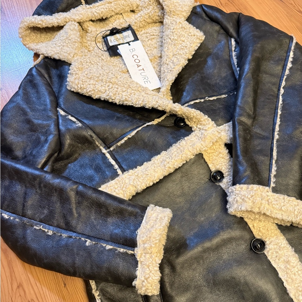 Women's Black and Cream Leather Coat